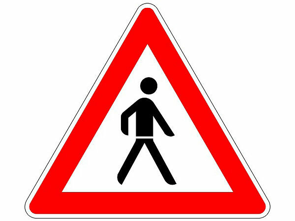 Verkehrszeichen "Achtung Fußgänger" links (SL)