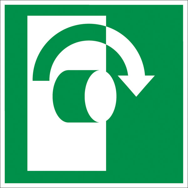 SR05 Rettungszeichen "Öffnung durch Rechtsdrehung" PVC nachl. 150x150 mm